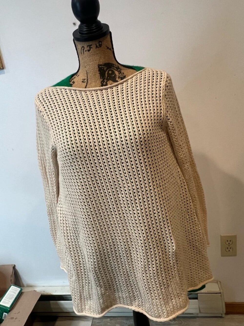Jeanne Pierre Sweater L Ivory Cotton Open-Knit Boat Neck Long Sleeve Pullover